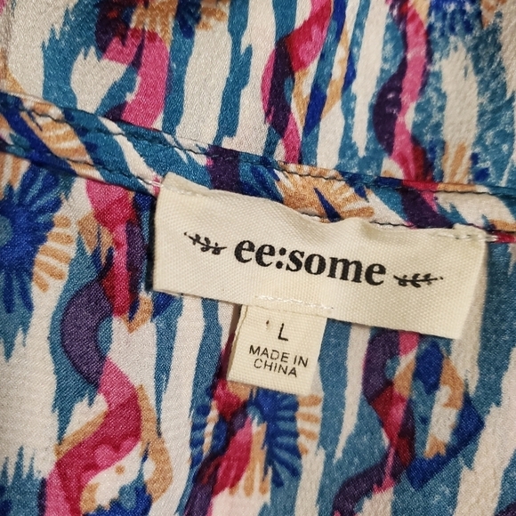 ee:some Retro Print V Neck Bubble Sleeve Colorful Blouse Size Large - Picture 7 of 10